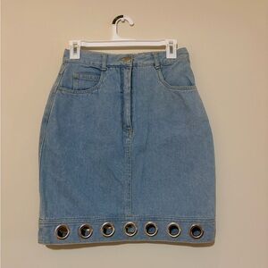 Light Blue Denim Mini Skirt with Metallic Eyelet Hem. Junior/small womens.